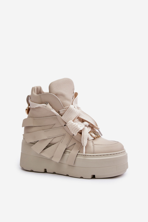 Damskie Sneakersy Masywna Platforma Złote Detale Beżowe CheBello 4561