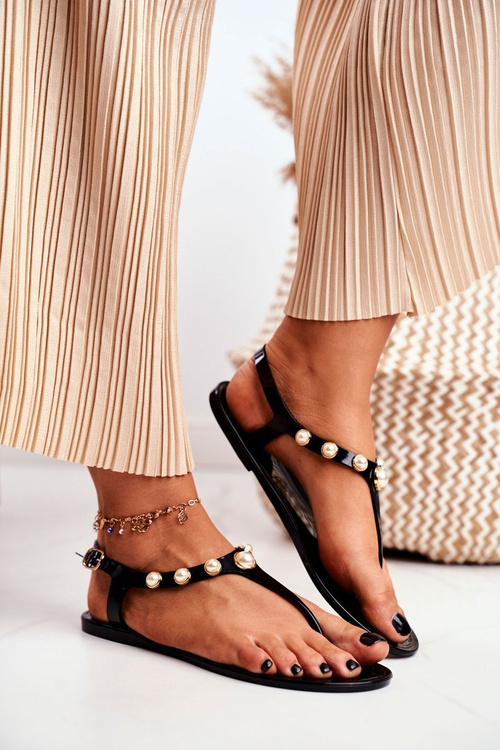 Damskie Gumowe Sandałki Czarne Japonki Perełki Denise