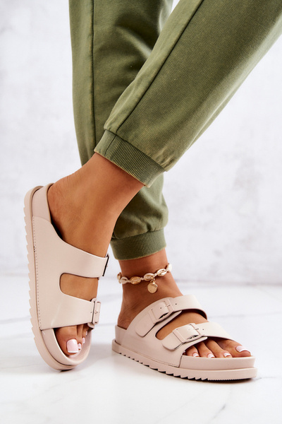 Klapki Gumowe Wygodne Ze Sprzączką Beżowe Corina