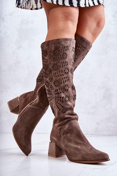 Openwork Suede High Boots Brown Romena