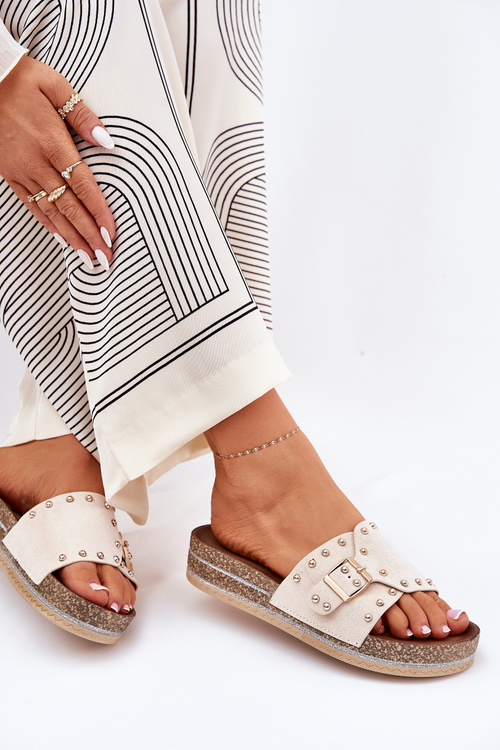 Women Sandals On Platform With Buckle And Studs Beige Nusithia