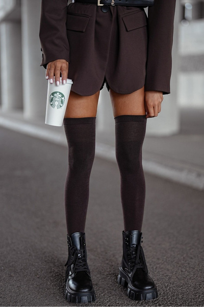 Damskie Zakolanówki Gładkie Bawełniane Czekoladowe