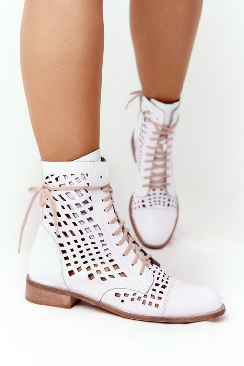 Zazoo 2627 Ażurowe Skórzane Botki Białe