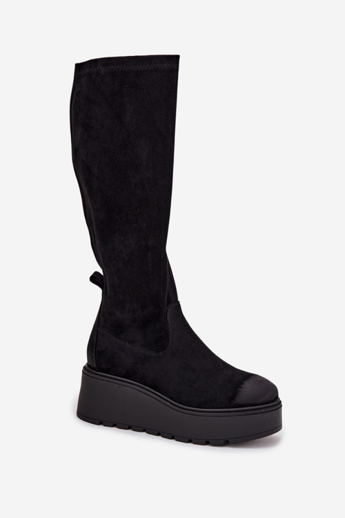 Womens Knee High Platform And Wedge Boots Black Vinceza 58342