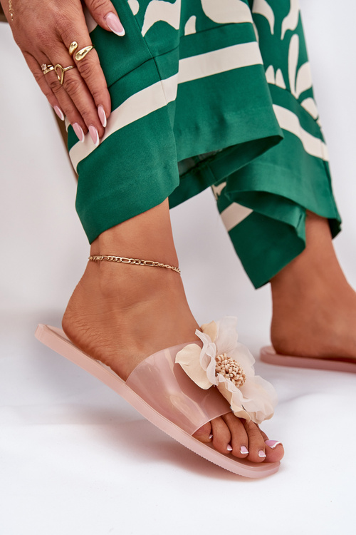 Klapki Damskie Ze Sztucznym Kwiatem Transparentne Płaskie Nude Vobetta