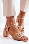 Sandały Zamszowe Obcas Słupek Ozdoba Beżowe Darlen