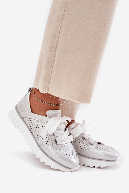 Women's Leather Sneakers On A Platform D&A LR51-796 Silver