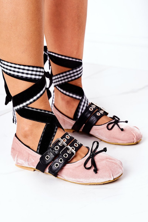 Wiązane Welurowe Baleriny Lu Boo Różowe