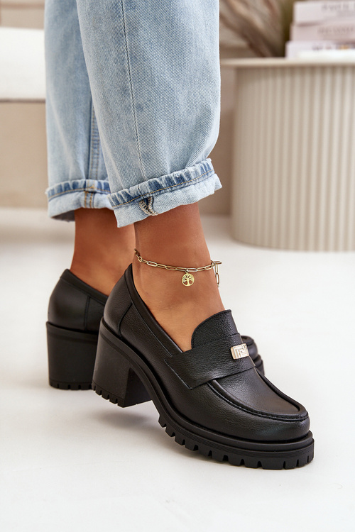 Damskie Eleganckie Półbuty Na Słupku Skóra Naturalna Czarne Zazoo 20168