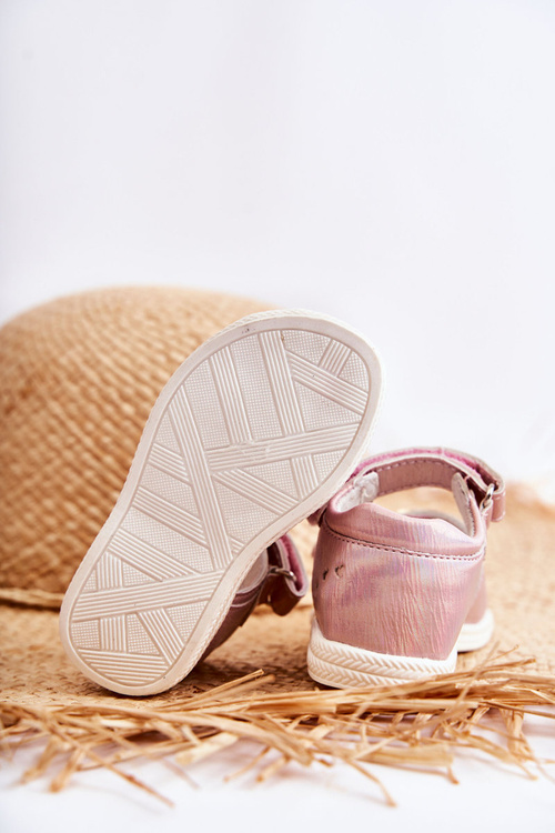 Leather Children's Sandals With Velcro Pink Catia