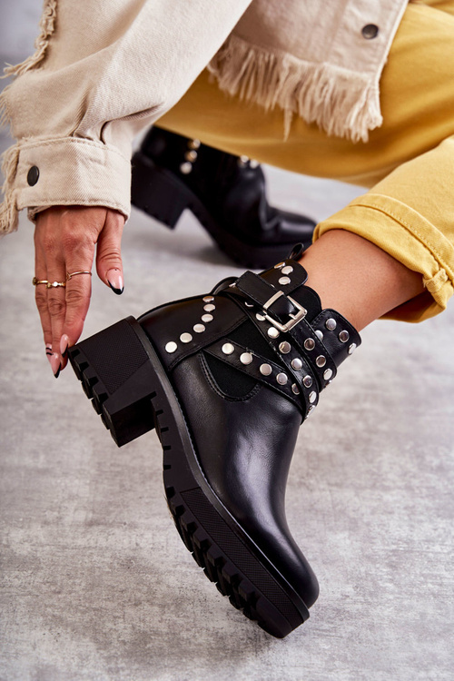 Leather Women's Boots With Decorative Studs Black Sanchez