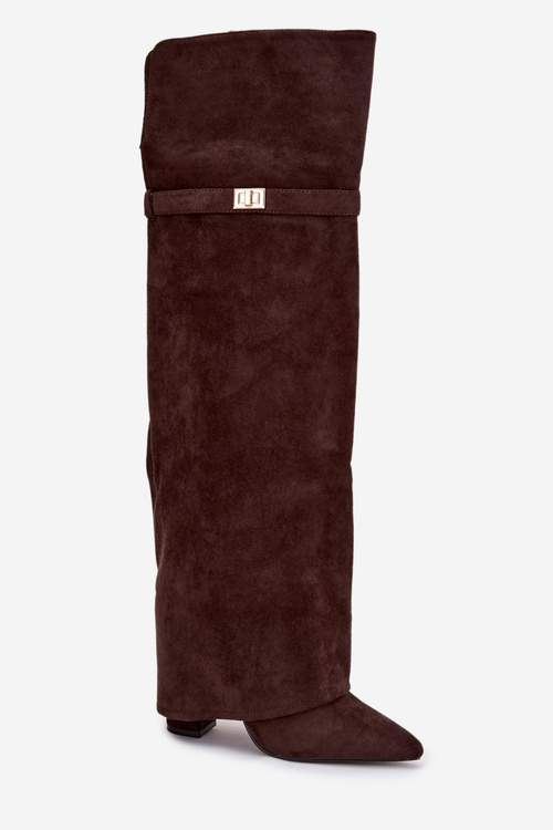 Kozaki Wywinięta Cholewka Za Kolano Obcas Słupek Ocieplane Czekoladowe Serelle