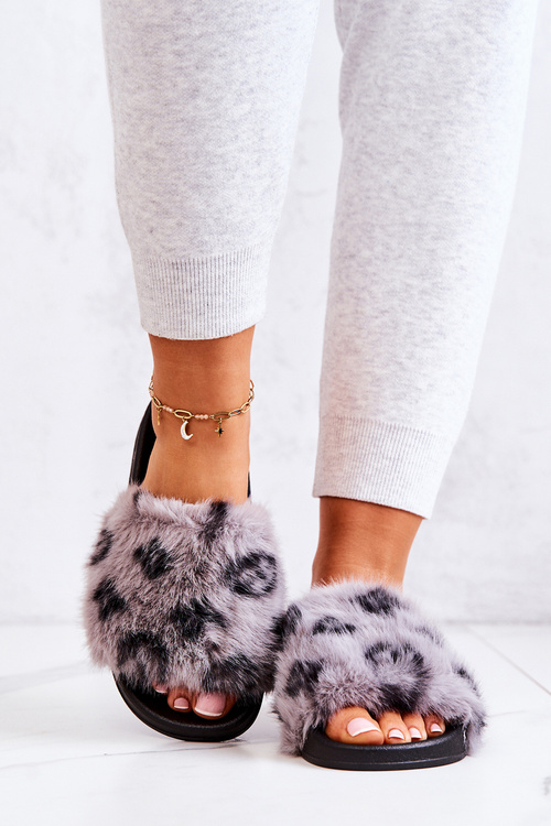 Slippers With Fur Rubber Leopard Gray Noelle