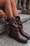 Wrinkled Women's Boots To The Middle Of The Leg With Straps And Buckles Brown Halvessa