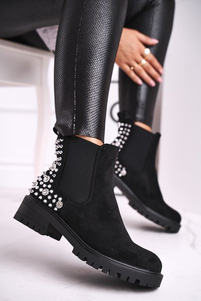 Women's Boots Silver Rivets Black Lady In Black