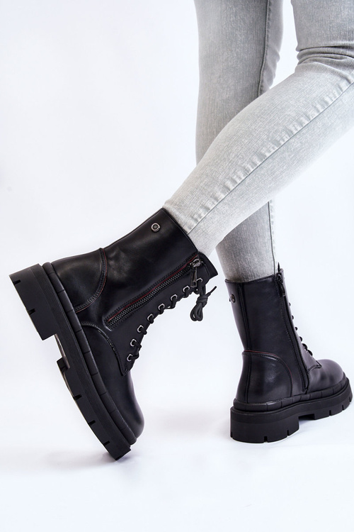 Botki Trapery Damskie Skóra Sznurowane Czarne Shanna