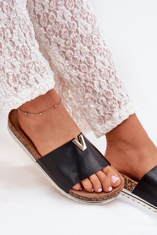 Women's Cork Platform Slippers With Decorative Detail Black Vessira