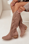 Perforated Women's Knee-high Block Heeled Boots Beige Fioris