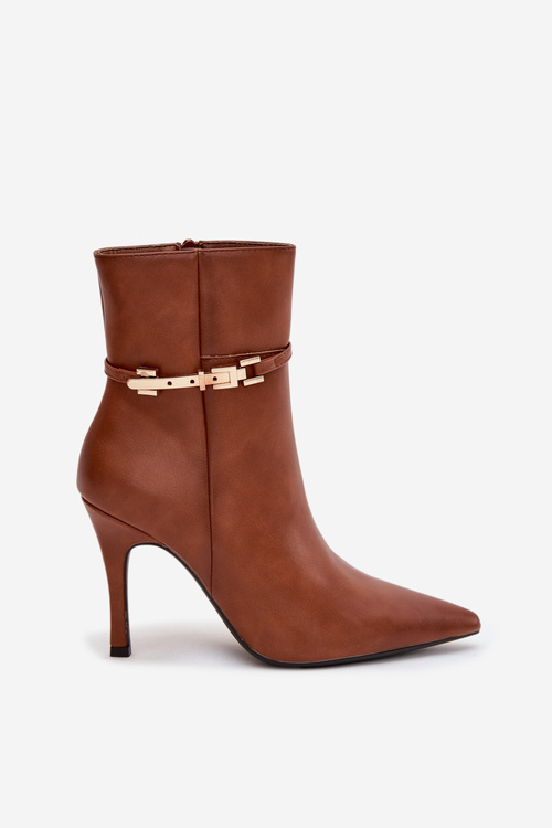 Women's heeled ankle boots with strap and gold element insulated Camel Bellisse