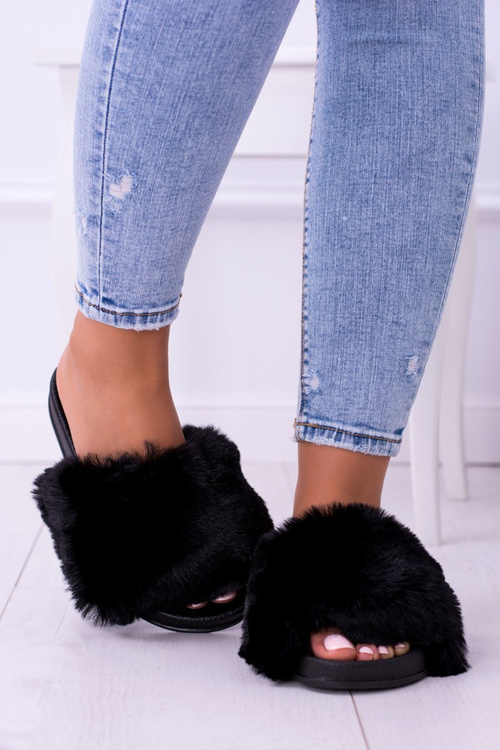 Lu Boo Women's Fur Flip Flops Black Fur XXL