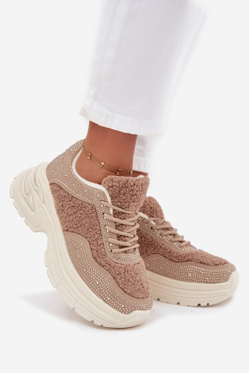 Women's Sneakers With Zirconia And Sheep Fur Beige Zarika