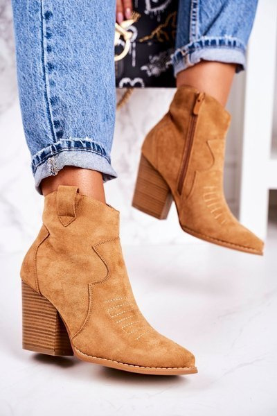 Damskie Kowbojskie Ocieplane Botki Na Słupku Karmelowe Margaret