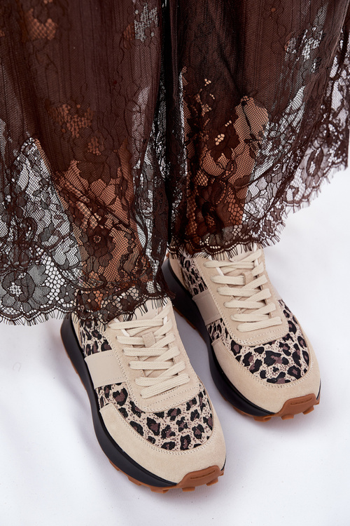 Sneakersy Damskie Zamszowe Platforma Panterka Beżowe Vinceza 66793