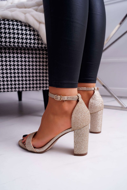 Sandały Damskie Na Słupku Brokatowe Złote Berglat