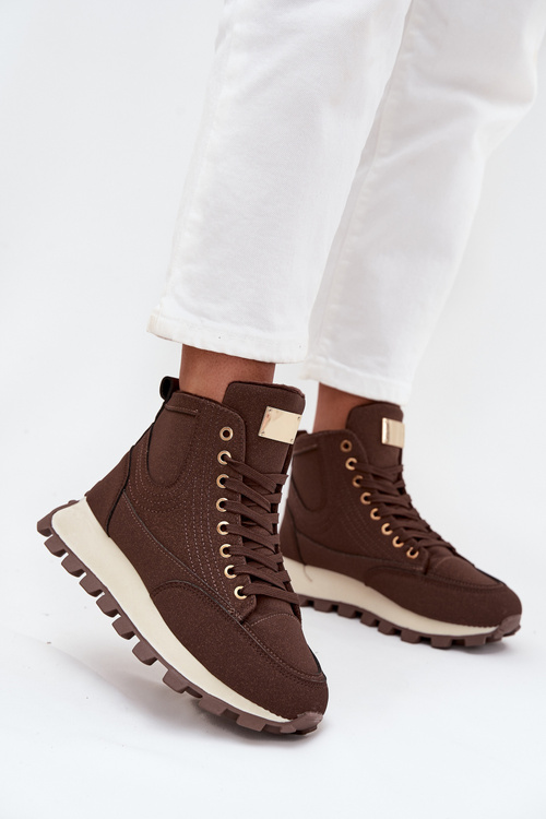 Damskie Trapery Ocieplane Sznurowane Platforma Brązowe Marivira