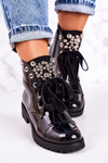 Insulated Boots With Metal Pearls And Ribbon Patent Black Perla