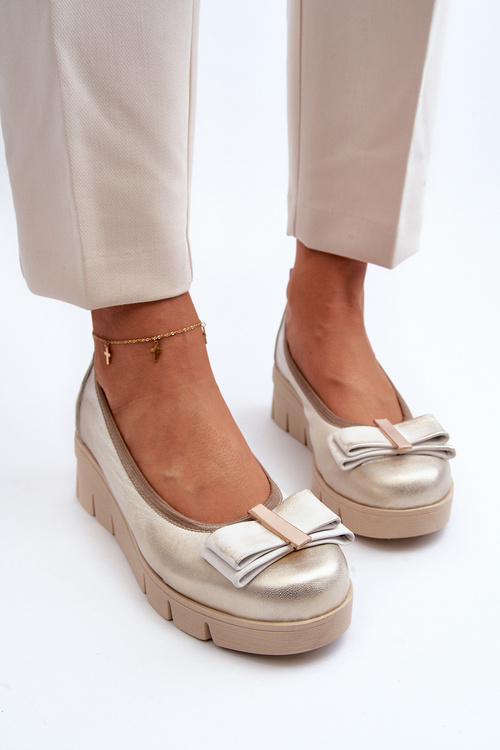Baleriny Platforma Skóra Ozdoba Złote Lewski 3384