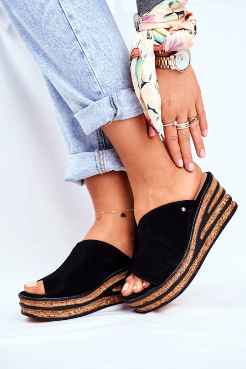 Leather Wedge Slippers Black Nicole 2559
