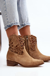 Botki Kowbojki Zamszowe Ażurowe Niski Obcas Beżowe Zazoo 3404