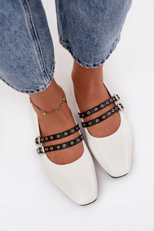 Baleriny Z Paskami Eko Skórzane Białe Deliora