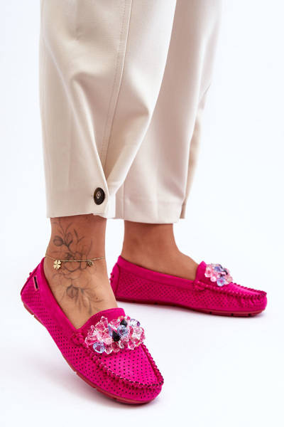 Stylish Suede Moccasins with Decorations Fuchsia Delima