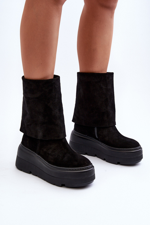 Zazoo 3410 Zamszowe Damskie Botki Masywna Platforma Czarne