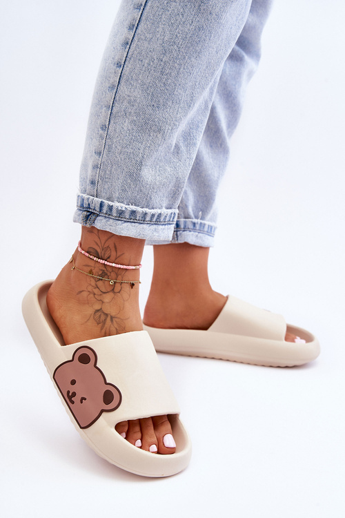 Women's Light Foam Slippers Bear Motif Beige Parisso