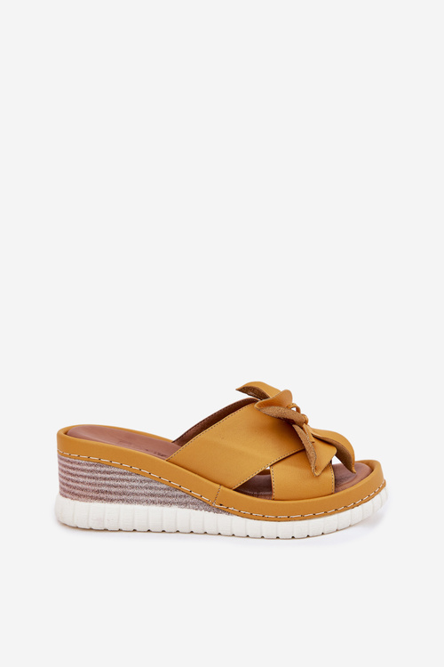 Damskie Klapki Skóra Naturalna Koturn Ozdoby Kwiatek Żółte Artiker 52C0504