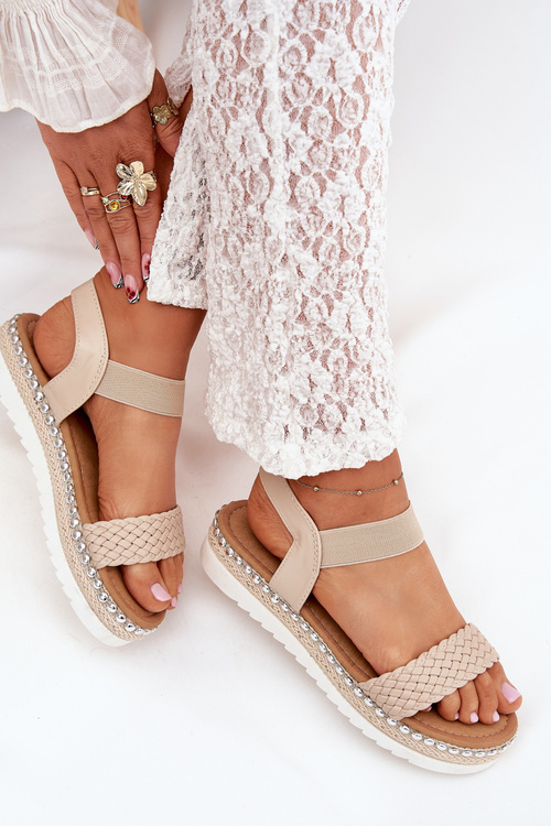 Ladies Sandals With Braiding On Decorated Platform Beige Velara