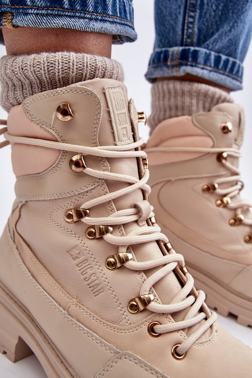 Women's Lined Trapper Boots Lace-up Light Beige Big Star MM274664