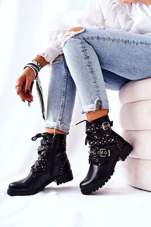Leather Strapless Boots with Animal Pattern Black Kepherine