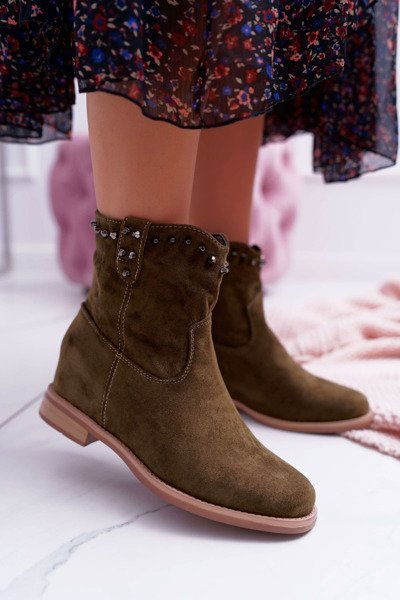 Women's Boots On Stiletto Heel Flat Heel Warmed Behind The Ankle Olive Deminis