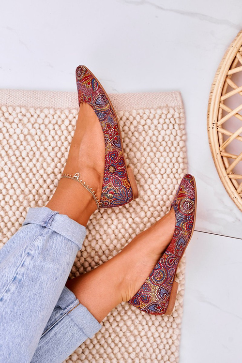 Damskie Skórzane Baleriny Maciejka Czerwone W Kwiaty 04100-38