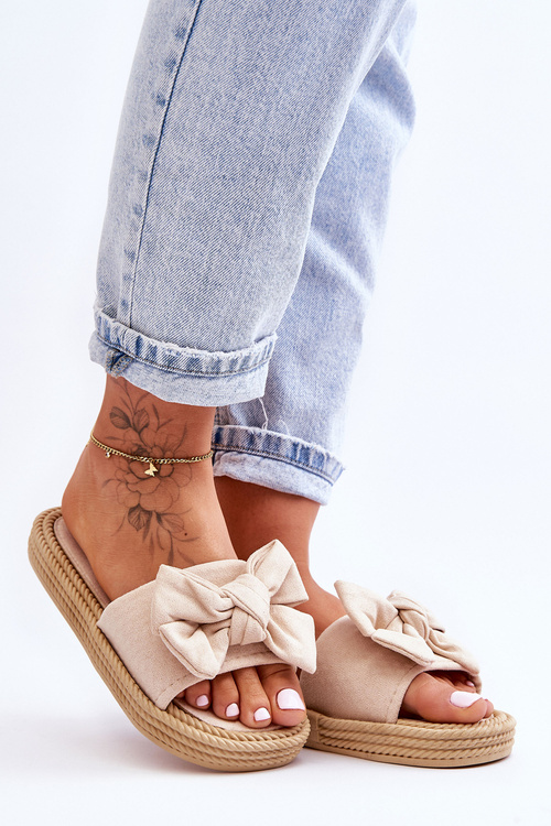 Women's Suede Slippers With Bow Beige Fency