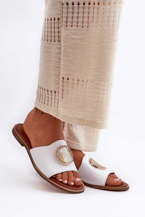 Zazoo 2938 Leather Flat Heel Slippers With Ornament White