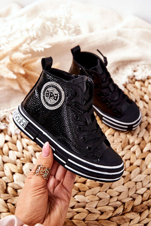 Children's Lacquered High Boots Zipper Sneakers Black Evia