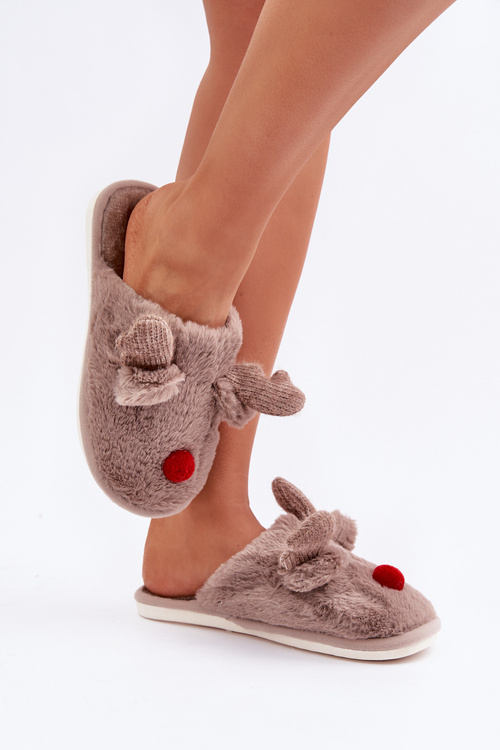 Womens Dark Beige Slippers With Reindeer Motif Sennalith