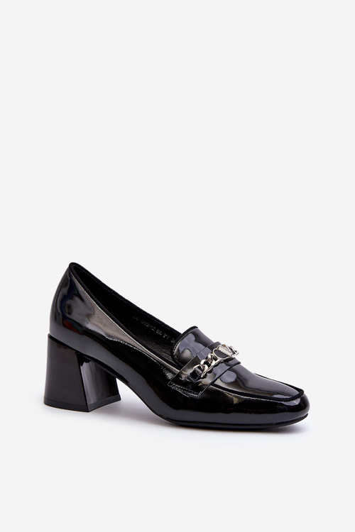 Black Patent Low Heel Court Shoes with Decoration Makki
