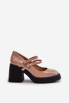 Dark Beige Patent Leather Pumps on Chunky Heel Halmina