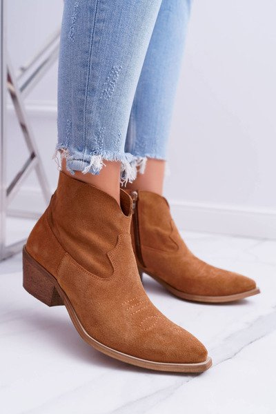 Women's Flat Heel Spring Leather Cowboy Boots Camel Batty